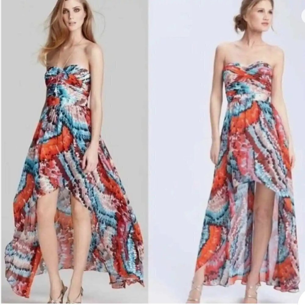 Aidan Mattox Hi Low Feather print strapless chiffon gown, Size 0